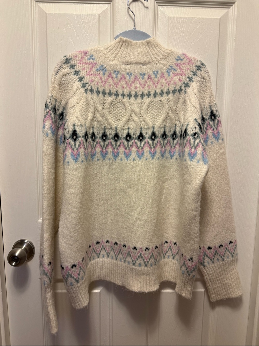 RD Style Cream Fair Isle Mock Neck Sweater with Pastel Pink and Blue Accents - Picture 4 of 7